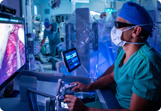 Foto de cirurgia robótica realizada na unidade morumbi, representando o sistema einstein