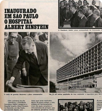 Foto histórica de jornal anunciando a inauguração do Einstein