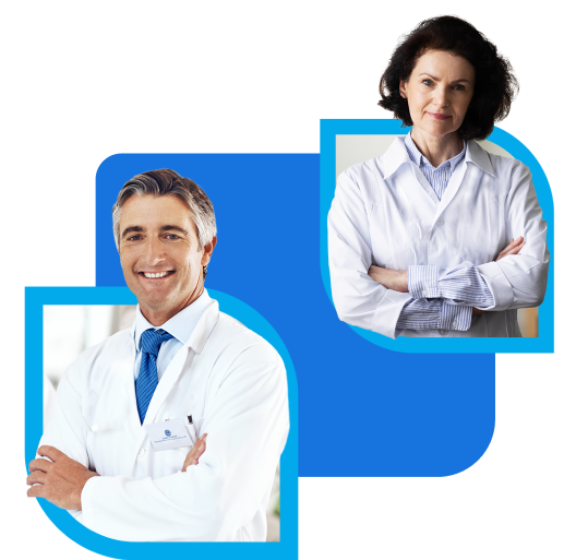 Dois médicos sorrindo, um homem e uma mulher, usando jalecos brancos, em um ambiente profissional. Dois médicos sorrindo, um homem e uma mulher, usando jalecos brancos, em um ambiente profissional.