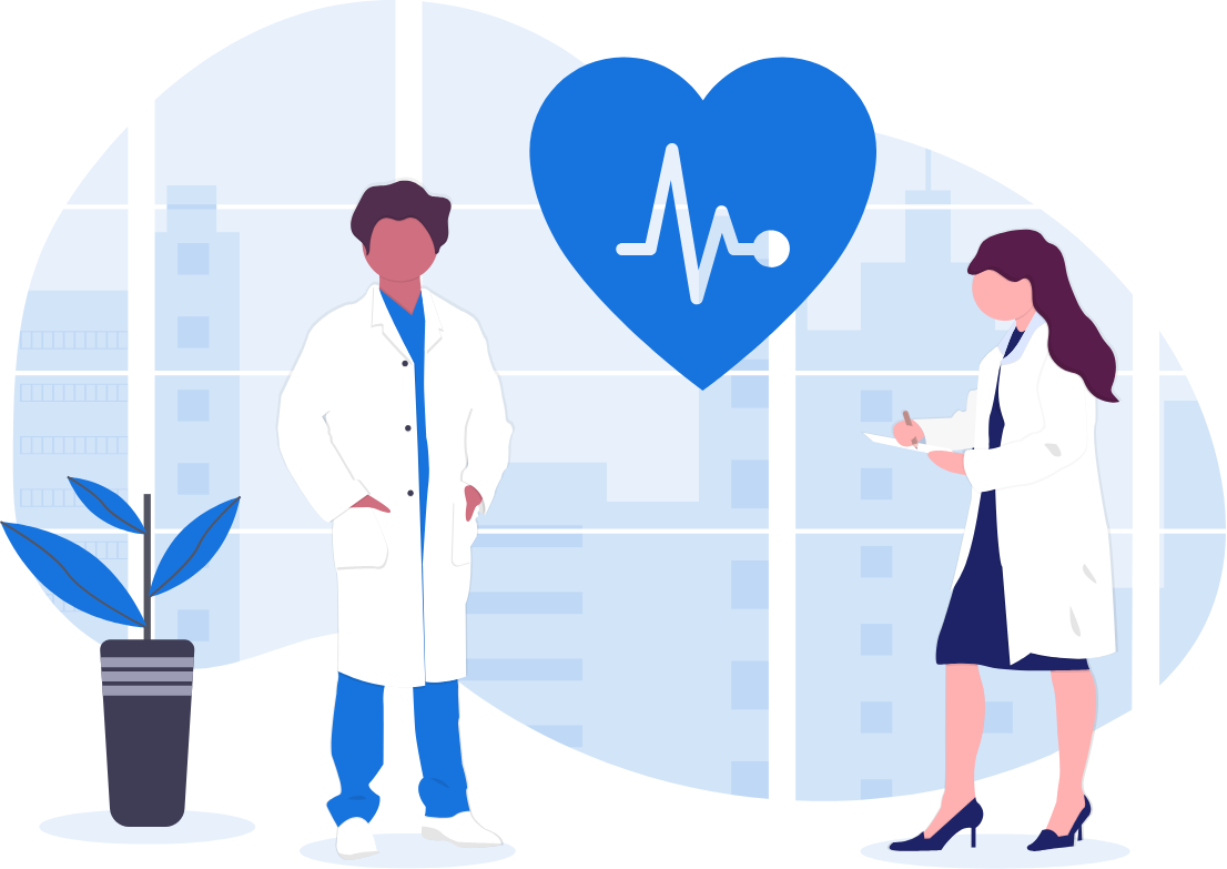 Ilustração de uma médica e um medico em pé com um coração azul nom eio deles com um simbolo de eletrocardiograma no meio do coração Ilustração de uma médica e um medico em pé com um coração azul nom eio deles com um simbolo de eletrocardiograma no meio do coração