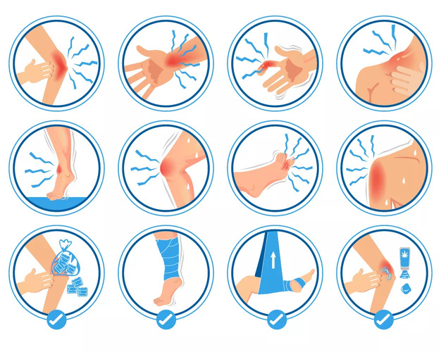 A ilustração apresenta um conjunto de ícones que mostram os diferentes locais onde a contusão muscular pode ocorrer no corpo de uma pessoa, e o tratamento indicado. Os oito primeiros ícones representam onde a contusão muscular pode acontecer: no cotovelo, no punho, no dedo, no pescoço, no tornozelo, no joelho, no pé ou no ombro. Os quatro últimos ícones representam a forma de tratamento: gelo no local, compressão com enfaixamento, elevação da área afetada e pomada anti-inflamatória A ilustração apresenta um conjunto de ícones que mostram os diferentes locais onde a contusão muscular pode ocorrer no corpo de uma pessoa, e o tratamento indicado. Os oito primeiros ícones representam onde a contusão muscular pode acontecer: no cotovelo, no punho, no dedo, no pescoço, no tornozelo, no joelho, no pé ou no ombro. Os quatro últimos ícones representam a forma de tratamento: gelo no local, compressão com enfaixamento, elevação da área afetada e pomada anti-inflamatória
