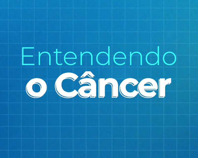 Banner azul com o texto Entendendo o Câncer, tema educativo sobre câncer e saúde. Banner azul com o texto Entendendo o Câncer, tema educativo sobre câncer e saúde.